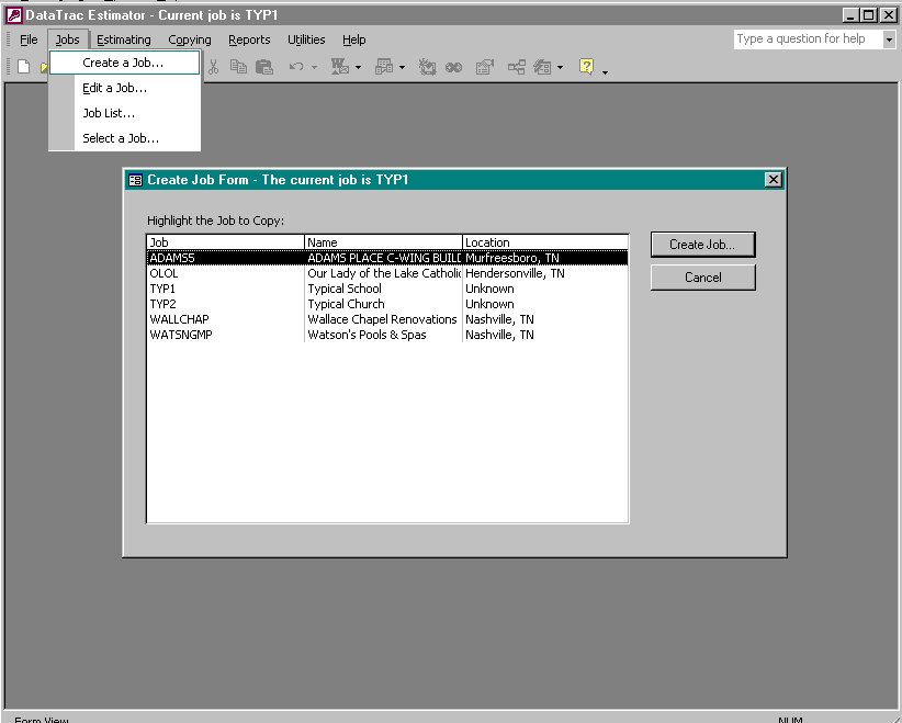 Screen Shot of DataTrac Estimating